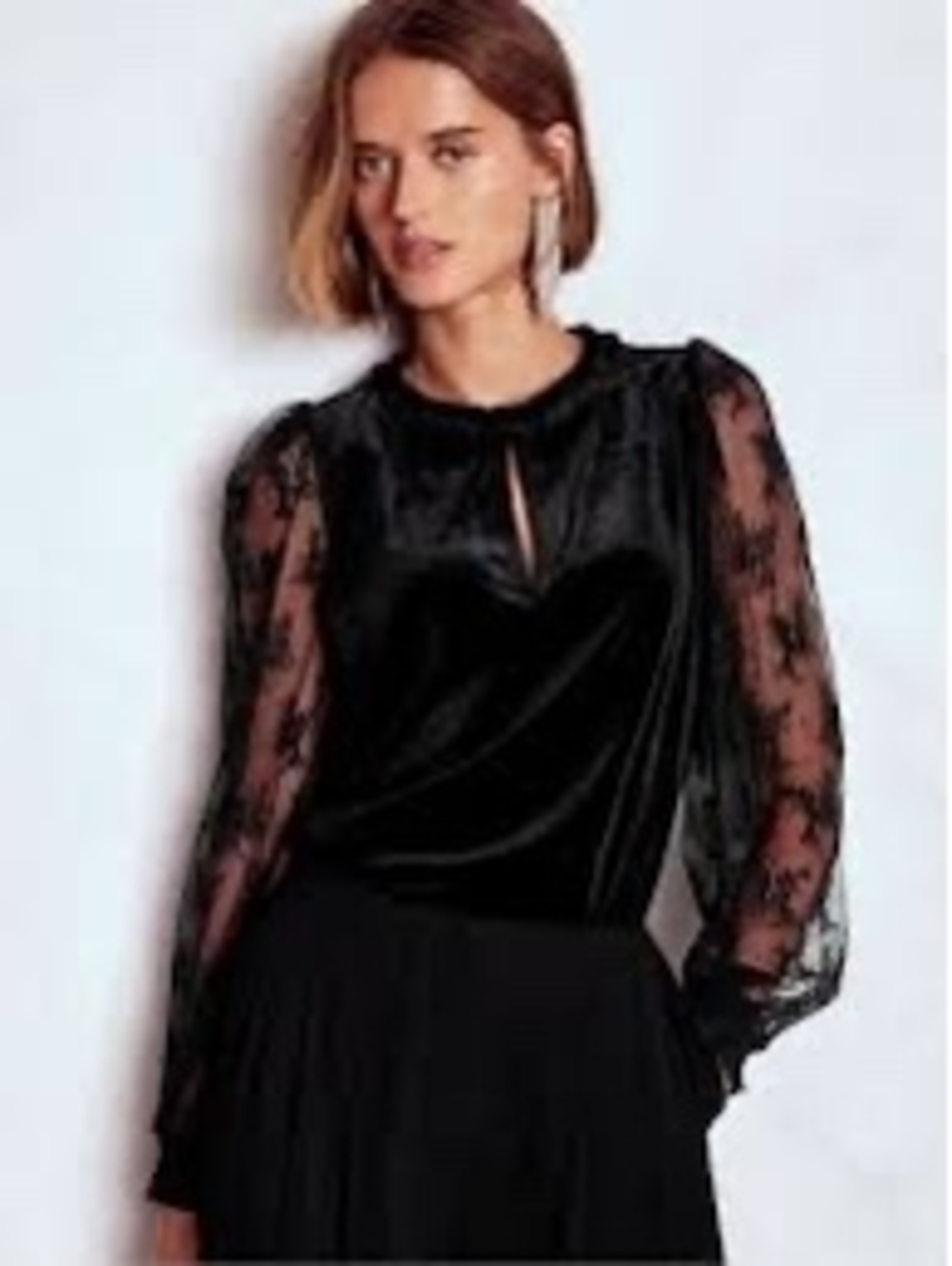 Boden Black Velvet Blouse with Sheer Lace Sleeves and Ruffle Neckline
